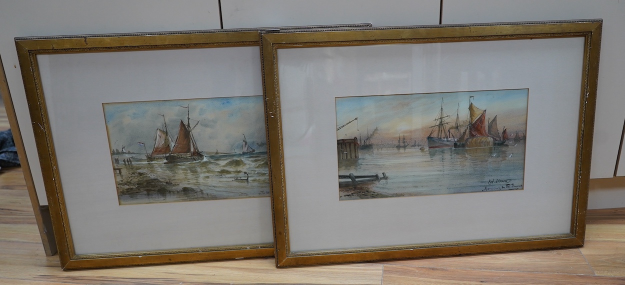 John Callow O.W.S. (1822-1878), pair of framed watercolours, ‘Morning on the Thames’ and ‘Dutch Coast’, 24 x 46cm. Condition - fair to good